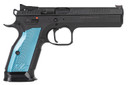 CZ-USA 91222 TS 2 40 S&W 17+1 5.28 in Black Steel Barrel, Black Serrated Steel Slide, Black Polycoat Steel Frame w/Beavertail, Blue Checkered Aluminum Grip, Pistol