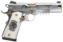 Girsan 391053 Regard Liberador II 9mm Luger 9+1 5 Gold Plated PVD Barrel, Polished Stainless Steel Serrated Slide, Stainless w/Gold Controls Steel Frame w/Pic Rail & Beavertail, Pearl Like w/Mexican Coat Of Grip, Ambi, Pistol
