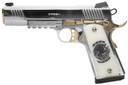 Girsan 391057 Regard Liberador II 45 ACP 8+1 5 Gold Plated PVD Barrel, Polished Stainless Steel Serrated Slide, Stainless w/Gold Controls Steel Frame w/Pic Rail & Beavertail, Pearl Like w/Mexican Coat Of Grip, Ambi, Pistol