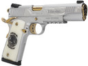 Girsan 391057 Regard Liberador II 45 ACP 8+1 5 Gold Plated PVD Barrel, Polished Stainless Steel Serrated Slide, Stainless w/Gold Controls Steel Frame w/Pic Rail & Beavertail, Pearl Like w/Mexican Coat Of Grip, Ambi, Pistol