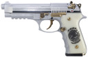 Girsan 391089 Regard Liberador II 9mm Luger 18+1 4.90 Stainless Steel Barrel, Polished Stainless Steel Serrated Slide, Chrome w/Gold Controls Stainless Steel Frame w/Pic Rail & Beavertail, Pearl Like w/Mexican Coat Of Grip, Ambi, Pistol