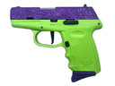SCCY Industries DVG1DFLG DVG-1 Sub-Compact Frame 9mm Luger 10+1 3.10 Stainless Quadlock Barrel, Purple Glitter Optic Ready/Serrated Stainless Steel Slide, Lime Green Poly Frame & Grip, Pistol