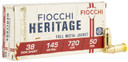 Fiocchi 38SWSHA Heritage 38S&WShort 145gr Full Metal Jacket 50 Per Box/20 Case Centerfire, Handgun Ammunition