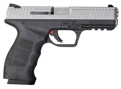 SAR USA SAR9T SAR9T 9mm Luger Caliber with 4.40in Barrel, 17+1 Capacity, Black Finish Picatinny Rail Frame, Serrated Stainless Steel Slide  Finger Grooved Polymer Grip
