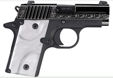 Sig Sauer Model P238 Pearl Pistol 238380ESW, 380 ACP, 2.70 in, Custom Pearl Grips, Black Nitron Stainless Finsh, Engraved Slide, Siglite Night Sights, 6+1 Rds