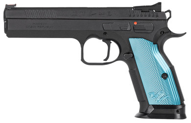 CZ-USA 01220 TS 2 9mm Luger 10+1 5.28 Black Steel Barrel, Black Nitride Serrated Slide, Black Steel Frame w/Beavertail, Blue Textured Aluminum Grip, Pistol