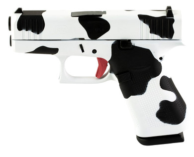 Glock UX4350204MOO G43X Sub-Compact Frame 9mm Luger 10+1 3.41 Black GMB Barrel, Cow Print Cerakote Serrated Steel Slide, Cow Print Cerakote Poly Frame w/Beavertail, Textured Poly Grip, USA Made, Pistol
