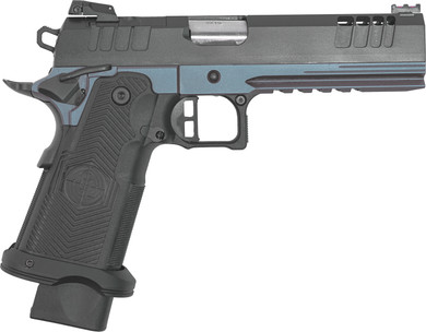 Great Lakes GL1911DS9FSSBLU Synergy 1911 DS 9mm Luger 20+1 5 Stainless Match Grade Barrel, Black Cerakote Optic Cut/Serrated Stainless Steel Slide, Blue Titanium Cerakote Stainless Steel Frame w/Pic Rail, Textured Grip, Pistol