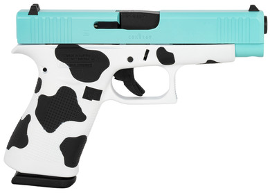 Glock PA4850201-TBMOO G48 Gen5 Slim Compact Frame 9mm Luger 10+1 4.17 Black GMB Barrel Robins Egg Blue Cerakote Serrated Steel Slide Cow Print Cerakote Poly Frame w/Beavertail Cow Print Textured Grip, Pistol