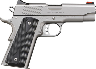 Kimber 3200044CA Carry HD II Pro *CA Compliant 38 Super 9+1 4 Stainless Steel Barrel, Satin Silver Serrated Stainless Steel Slide, Satin Silver, Black Synthetic Double Diamond Checkering Grip, Pistol