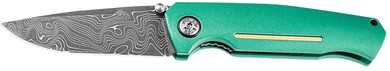 Boker 111102DAM 3.22 Drop Point Plain Damascus Blade Green Aluminum Handle, Knife