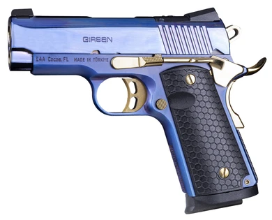Girsan 391038 MC1911SC Compact Frame 9mm Luger 8+1 3.40" Polished Gold PVD Steel BBL, Blue Gem PVD Optic Ready/Serr Stainless Slide, Blue Gem PVD w/Gold Controls Alum Frame w/Beavertail, Black Polymer Grip,Pistol
