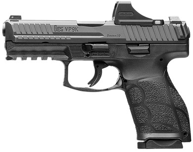 HK 81001121 VP9A1 K w/Optic Compact Frame 9mm Luger 10+1 4.09" Black Steel BBL & Optic Ready/Serr Slide, Black Polymer Frame w/Pic Rail, Interchangeable Backstrap Grip, Holosun SCSb Super Green, Ambidextrous,Pistol