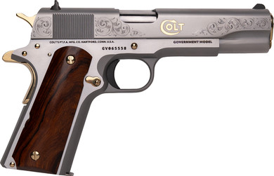 Cnc Firearms CNCCOLTRAMP Colt 1911 Rampant 45 ACP 7+1 5" Stainless BBL, Stainless w/Gold Plating Engraved w/Colt Pony Serr Slide, Stainless w/Gold Accents Frame, Ironwood Grip,Pistol