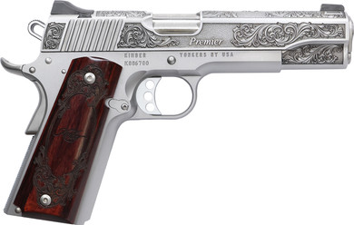 Cnc Firearms CNCPREMIER45 Kimber 1911 Premier 45 ACP 7+1 5" Stainless BBL, Stainless Engraved Scrollwork/Serr Slide, Stainless Frame, Engraved Rosewood Grip,Pistol