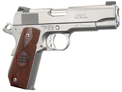 Ed Brown KCSS25 Kobra Carry 25th Anniversary Commander Frame 45 ACP 7+1 4.25" Stainless Recessed Crown BBL, Industrial Stainless Serr Slide & Frame Engraved w/"25th Anniversary", Double Diamond Checkered Cocobolo w/EB Logo Grip, Right Hand,Pistol