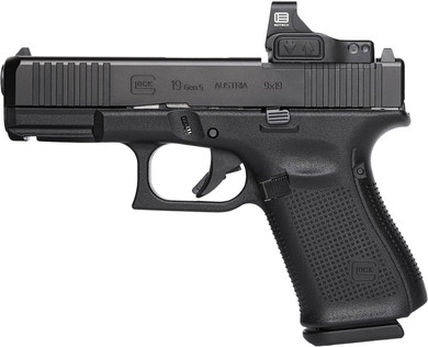 Glock PA195E201MOS G19 Gen5 MOS EoTech Combo Compact 9mm Luger 10+1 4.02 Black GMB Barrel, Black nDLC MOS Cut/Serrated Slide, Black Poly Frame w/Pic Rail, Black Textured w/Interchangeable Backstrap Grip, EoTech 3 MOA Mini Reflex Sight, Pistol