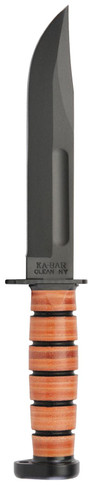 Ka-Bar 1317 Dogs Head Utility 7 in Fixed Clip Point Plain Black 1095 Cro-Van Blade, Brown Leather Handle, Includes Sheath, Knife