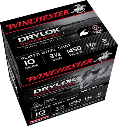 Winchester SSH102 Drylok Super Steel High Velocity 10Gauge 3.50 in 1 3/8oz 2Shot 25 Per Box/10 Case, Shotgun Shells