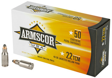 Armscor FAC22TCM1N USA 22TCM 40gr Jacketed Hollow Point 50 Per Box/20 Case Centerfire, Handgun Ammunition