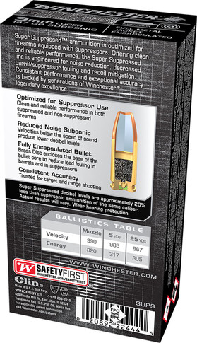 Winchester SUP9 Super Suppressed 9mmLuger Subsonic 147gr Encapsulated Full Metal Jacket 50 Per Box/10 Case Centerfire, Handgun Ammunition