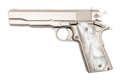 Rock Island 56418 GI Standard FS *CA Compliant 45 ACP Caliber with 5 in Barrel, 8+1 Capacity, Overall Matte Nickel Finish Steel, Beavertail Frame, Serrated Slide & Mother of Pearl Grip, Pistol