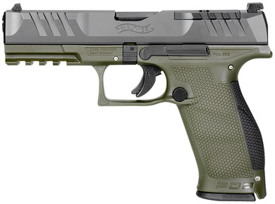 Walther Arms 2858363 PDP 9mm Luger 18+1 4.50 in Black Polygonal, Rifled Barrel, Black Optic Ready/Serrated Slide, Green Polymer Frame w/Picatinny Rail, Black Performance Duty Texture Grips, Pistol