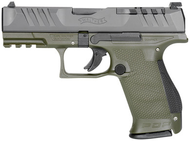Walther Arms 2858428 PDP Compact 9mm Luger 15+1 4 in Black Polygonal, Rifled Barrel, Black Optic Ready/Serrated Slide, Green Polymer Frame w/Picatinny Rail, Black Performance Duty Texture Grips, Pistol