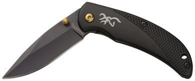 Browning 3220340 Prism 3 EDC Folding 2.38 in Plain Black Oxide 7Cr17MoV SS Blade, Black w/Brass Accents & Logo Anodized Aluminum Handle, Includes Pocket Clip, Knife