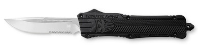CobraTec Knives LBCTK1LDS CTK-1 Large 3.75 in OTF Drop Point Part Serrated D2 Steel Blade/ Black Aluminum Handle Features Glass Breaker Includes Pocket Clip, Knife