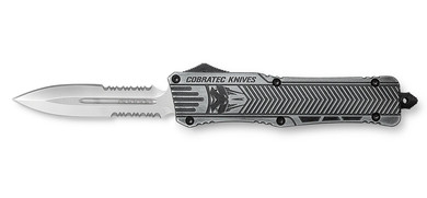 CobraTec Knives LSWCTK1LDG2SS CTK-1 Large 3.75 in OTF Dagger Part Serrated D2 Steel Blade/ Stonewashed Aluminum Handle Features Glass Breaker Includes Pocket Clip, Knife