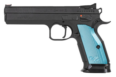 CZ-USA 91222 TS 2 40 S&W 17+1 5.28 in Black Steel Barrel, Black Serrated Steel Slide, Black Polycoat Steel Frame w/Beavertail, Blue Checkered Aluminum Grip, Pistol