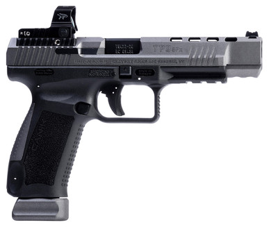 Canik HG7166GN TP9SFx 9mm Luger 20+1 5.20 in Match Grade Barrel, Tungsten Gray Cerakote Optic Ready/Serrated w/Ports Steel Slide, Black Polymer Frame w/Picatinny Rail, Interchangeable Backstrap Grip MeCanik MO2 Red Dot, Pistol