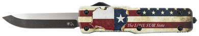 Templar SZTX321 Premium Weighted Small 3 in OTF Drop Point Plain Black Oxide Stonewashed Powdered D2 Steel Blade/4.50 in Red/White/Blue w/ inThe LONE STAR State in Aluminum Zinc Alloy Handle, Knife