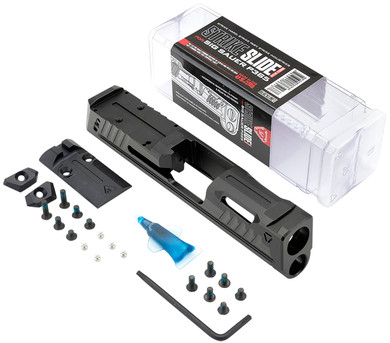 Strike Industries P365SLIDEBK Strike Replacement Slide Black Stainless Steel with Ports & Optics Cut for Sig P365 Includes Charging Handle