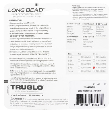 TruGlo TG947DGM LongBead Black | Green Fiber Optic Front5-40 in Threads, Shotgun Sight