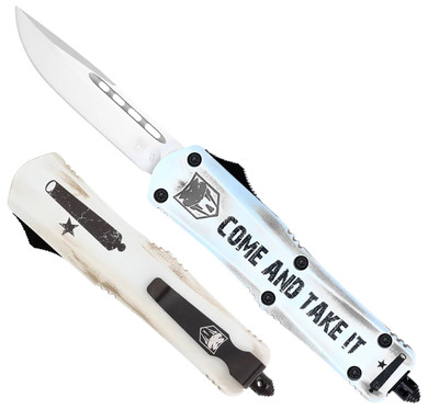 CobraTec Knives SCATIFS3DNS FS-3 Come And Take It Small 3 in OTF Drop Point Plain D2 Steel Blade 4.50 in White inCome And Take It in Aluminum Cerakoted Handle Includes Glass Breaker/Pocket Clip, Knife