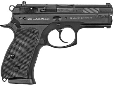 CZ-USA 01199 P-01 *CA Compliant Compact Frame 9mm Luger 10+1, 3.75 in Blued Steel Barrel, Black Serrated Steel Slide, Black Polycoat Aluminum Frame w/Beavertail, Black Rubber Grip, Pistol