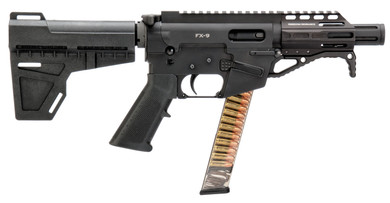 Freedom Ordnance FX9P4 FX-9 9mm Luger 31+1 4.50 Black Nitride Chromoly Steel Barrel Black Hard Coat Anodized Black KAK Shockwave Pistol Brace Black Poly Grips Right Hand, Tactical Pistol