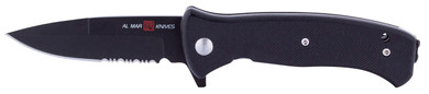 AL Mar Knives AMK2205 Mini S.E.R.E. 2020 Night G 3 in Folding Talon Part Serrated Matte Black Titanium D2 Steel Blade G10 Black Handle