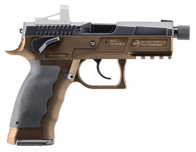 BT Firearms 510001 MKII DA/SA 9mm Luger 17+1 4.30in Threaded, Coyote Tan Picatinny Rail Frame, Black Shield RMS Cut Slide  Rubber Grip