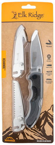 Elk Ridge ER942BKCS Xchange Interchangeable 3 Blade Set 3.60 in Folding Drop Point/Gut Hook/Saw Satin 3CR13MoV SS Blade FRN Black Handle