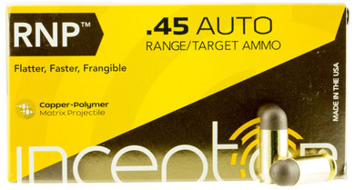 PolyCase Ammo 45RNPBR50 Inceptor 45 ACP 130 GR Round Nose 50 Bx/ 20 Cs