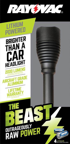 Rayovac RWP123AB Beast Flashlight White LED 2000 Lumens 123A (4) Battery Black Aluminum Body