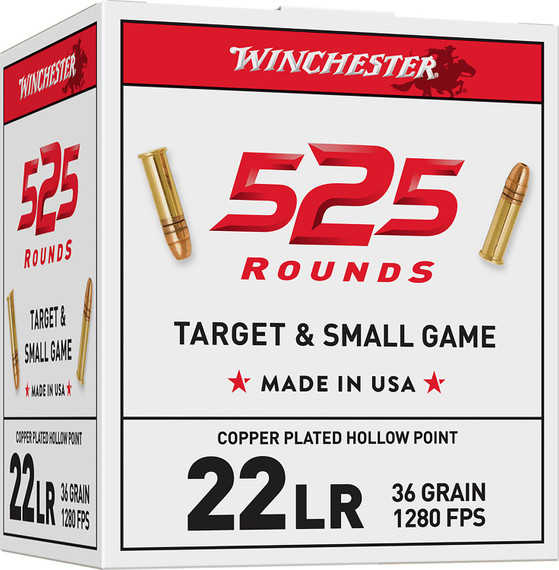Winchester 22LR525HP USA 22LR 36gr Copper Plated Hollow Point 525 Per Box/10 Case *Bulk Rimfire Ammunition
