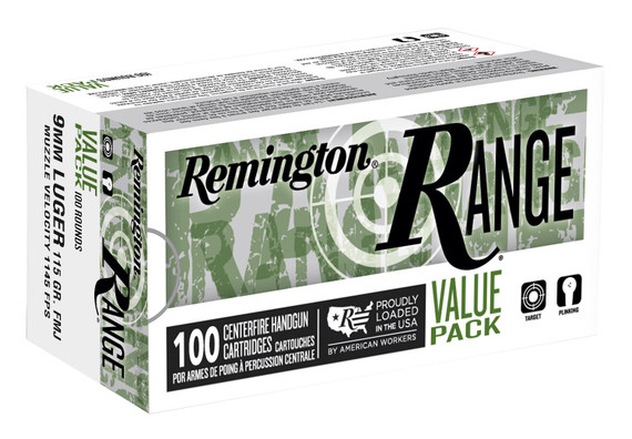 Remington Ammunition R23972 Range 9mm Luger 115 gr Full Metal Jacket (FMJ) 100 Bx/ 6 Cs