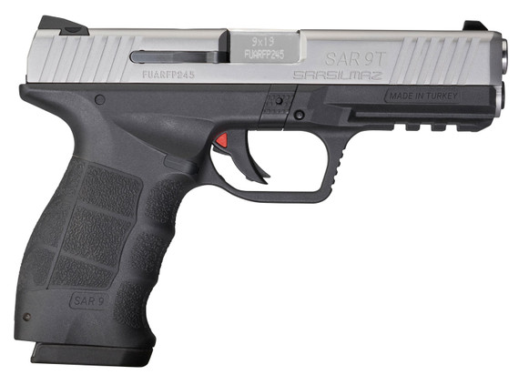 SAR USA SAR9T SAR9T 9mm Luger Caliber with 4.40in Barrel, 17+1 Capacity, Black Finish Picatinny Rail Frame, Serrated Stainless Steel Slide  Finger Grooved Polymer Grip