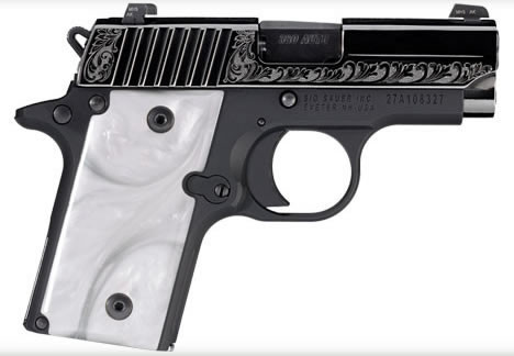 Sig Sauer Model P238 Pearl Pistol 238380ESW, 380 ACP, 2.70 in, Custom Pearl Grips, Black Nitron Stainless Finsh, Engraved Slide, Siglite Night Sights, 6+1 Rds