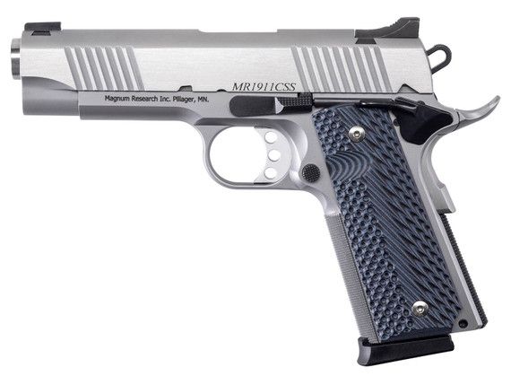 Magnum Research DE1911CSS 1911C 45 ACP 8+1, 4.30 in Stainless Steel Bull Barrel, Matte Stainless Steel Serrated Slide & Frame w/Beavertail, Black/Gray G10 Grip, Grip Safety, Right Hand, Pistol