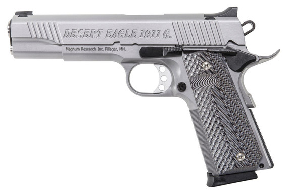 Magnum Research DE1911GSS 1911G 45 ACP 8+1, 5.01 in Stainless Steel Bull Barrel, Matte Stainless Steel Serrated Slide & Frame w/Beavertail, Black/Gray G10 Grip, Grip Safety, Right Hand, Pistol